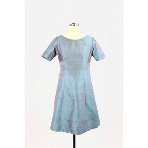 Vintage 60's Unbranded Iridescent Blue Teal Dupioni Silk A-Line Dress, Size S